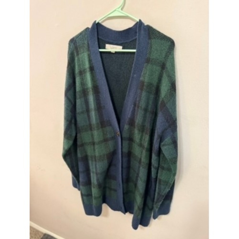 Loft Womens Green Blue Plaid Longline Cardigan Sweater Size Large Button Front